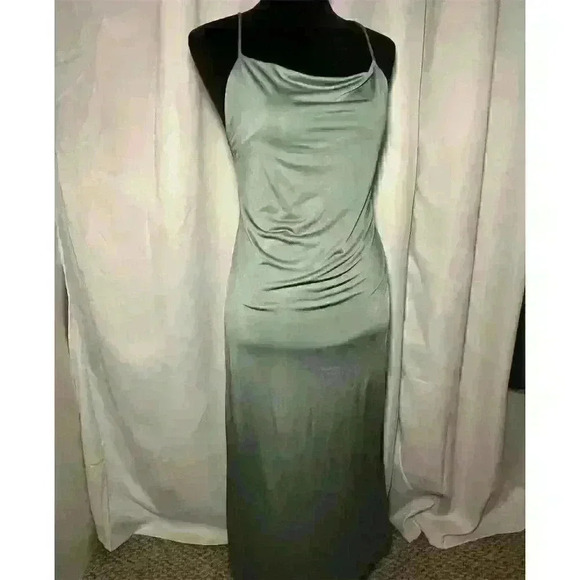 Zara Dresses & Skirts - Zara Satin Cowl Neck Slip Dress Sage Green Long Sleeveless Size S